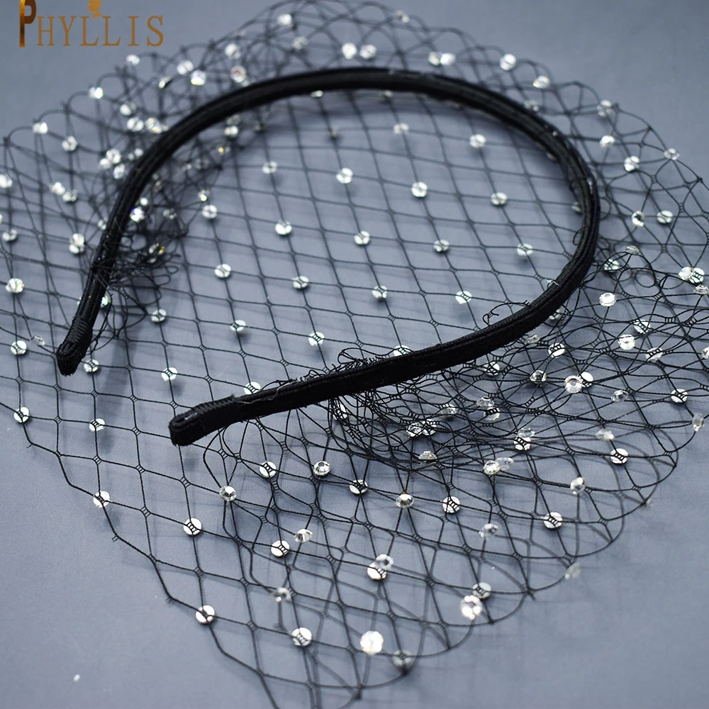 JM06 White Black Bridal Headband Veil Crystal Birdcage Veil Face Net Mask Bling White Diamante Hair Hoop Headpiece Face Veil