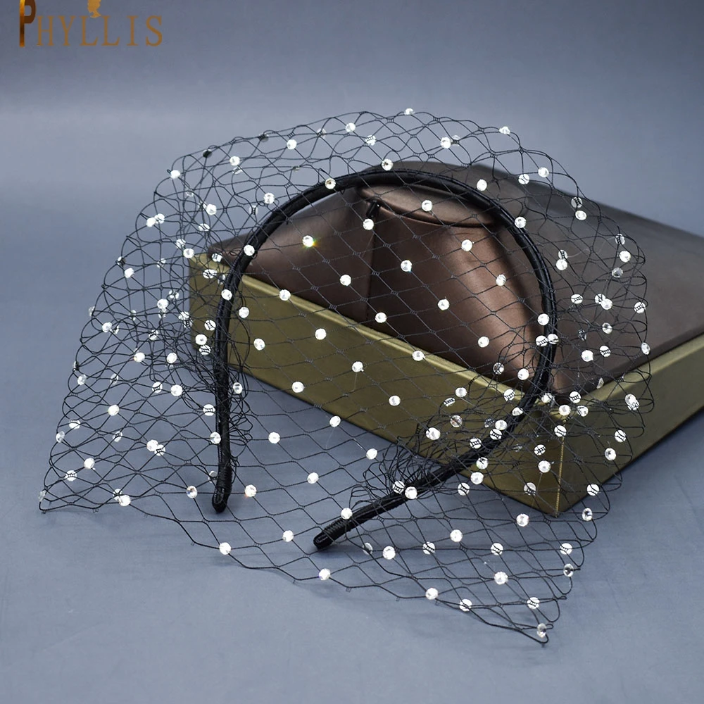 JM06 White Black Bridal Headband Veil Crystal Birdcage Veil Face Net Mask Bling White Diamante Hair Hoop Headpiece Face Veil