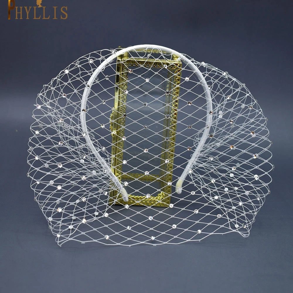 JM06 White Black Bridal Headband Veil Crystal Birdcage Veil Face Net Mask Bling White Diamante Hair Hoop Headpiece Face Veil