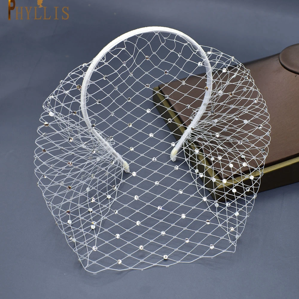 JM06 White Black Bridal Headband Veil Crystal Birdcage Veil Face Net Mask Bling White Diamante Hair Hoop Headpiece Face Veil