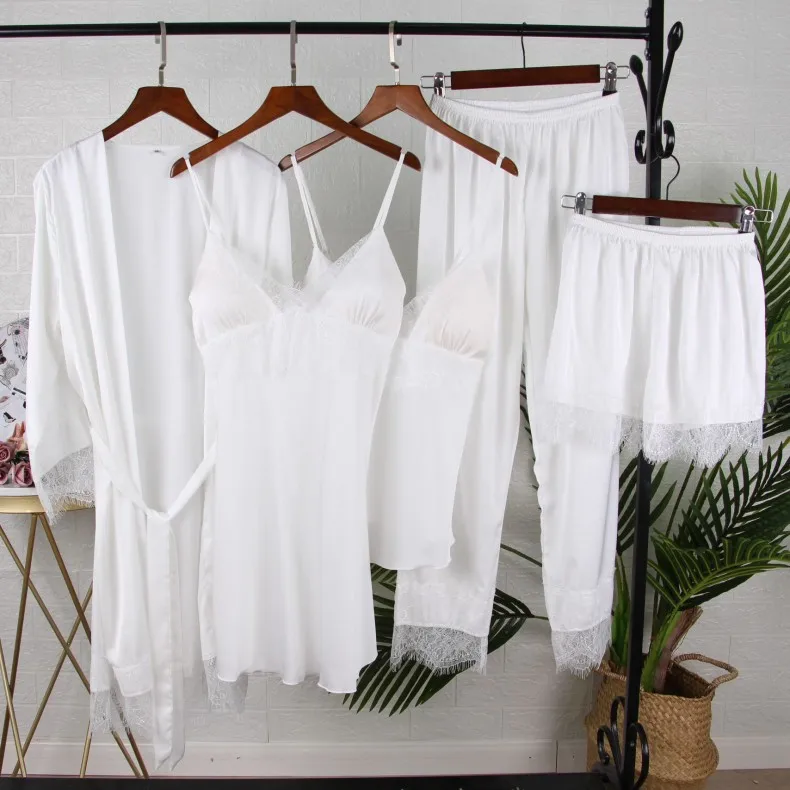 White 5PCS Sleep Set Pajamas Lady Lace Satin Pyjamas Kimono Bath Gown Loose Sleepwear Home Cloting V-Neck Casual Nightwear