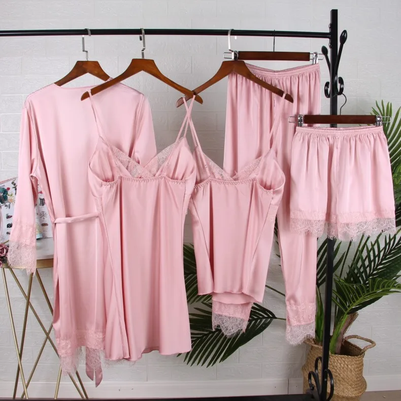 White 5PCS Sleep Set Pajamas Lady Lace Satin Pyjamas Kimono Bath Gown Loose Sleepwear Home Cloting V-Neck Casual Nightwear