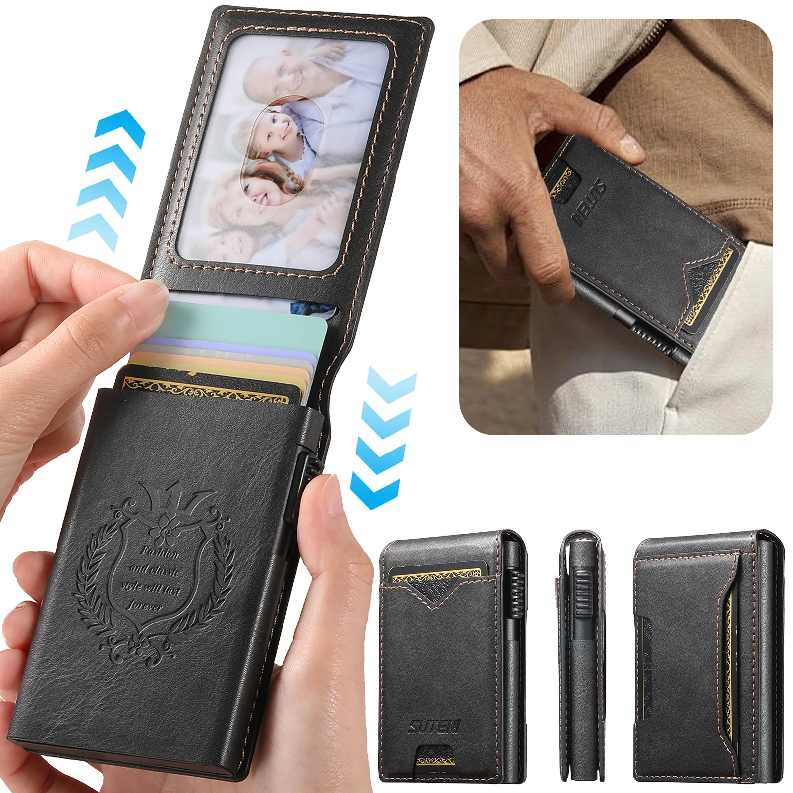 SUTENI Faux Leather For Men Wallet Card Slot Wallet Flip Cover Card Box Pressing The Button Automatically Ejects The Card