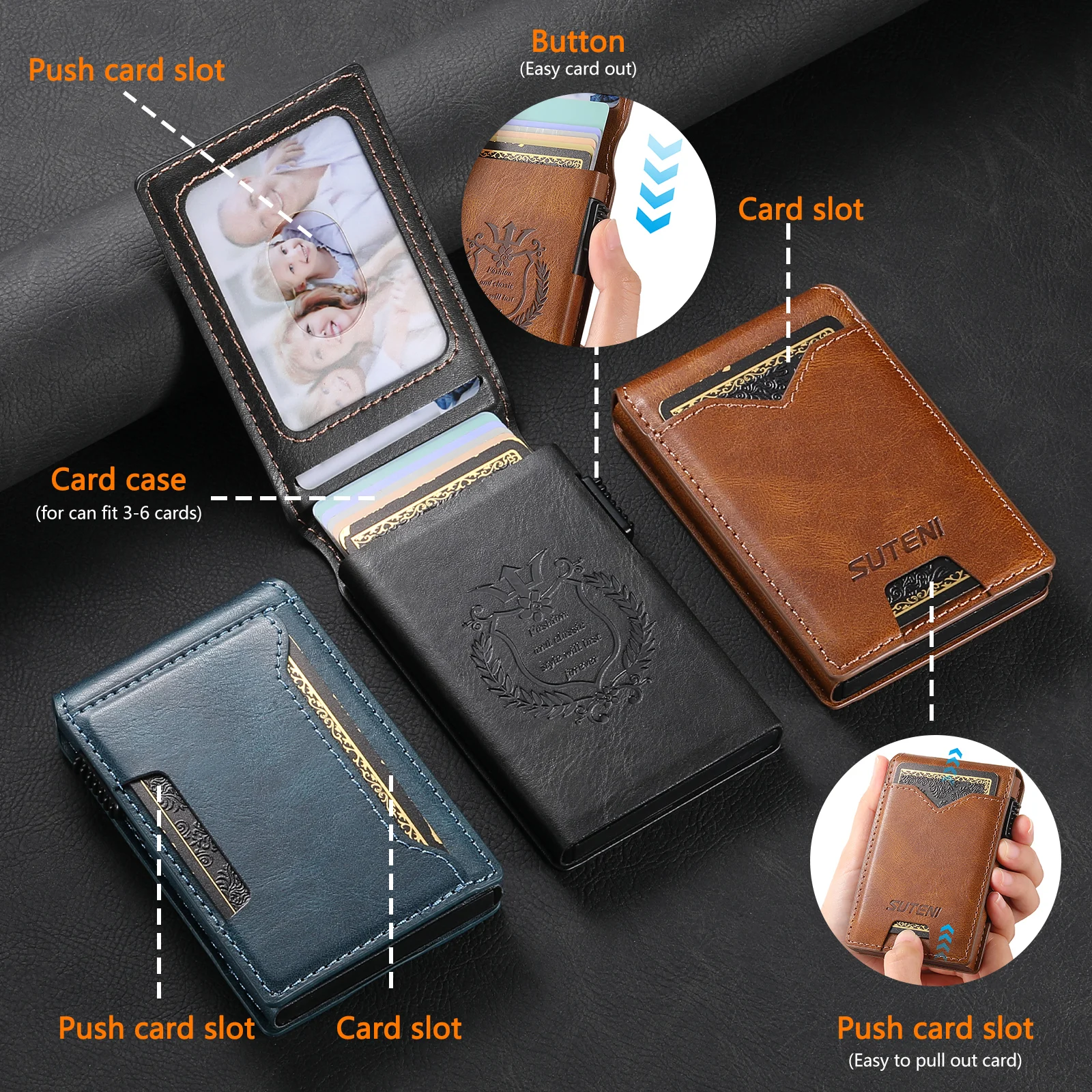 SUTENI Faux Leather For Men Wallet Card Slot Wallet Flip Cover Card Box Pressing The Button Automatically Ejects The Card