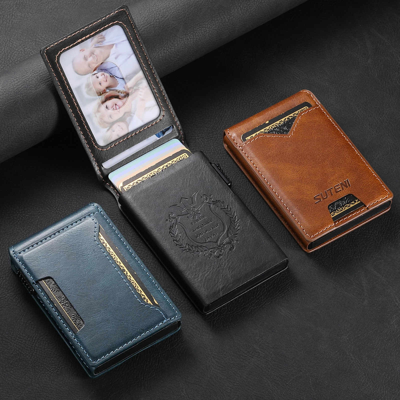 SUTENI Faux Leather For Men Wallet Card Slot Wallet Flip Cover Card Box Pressing The Button Automatically Ejects The Card