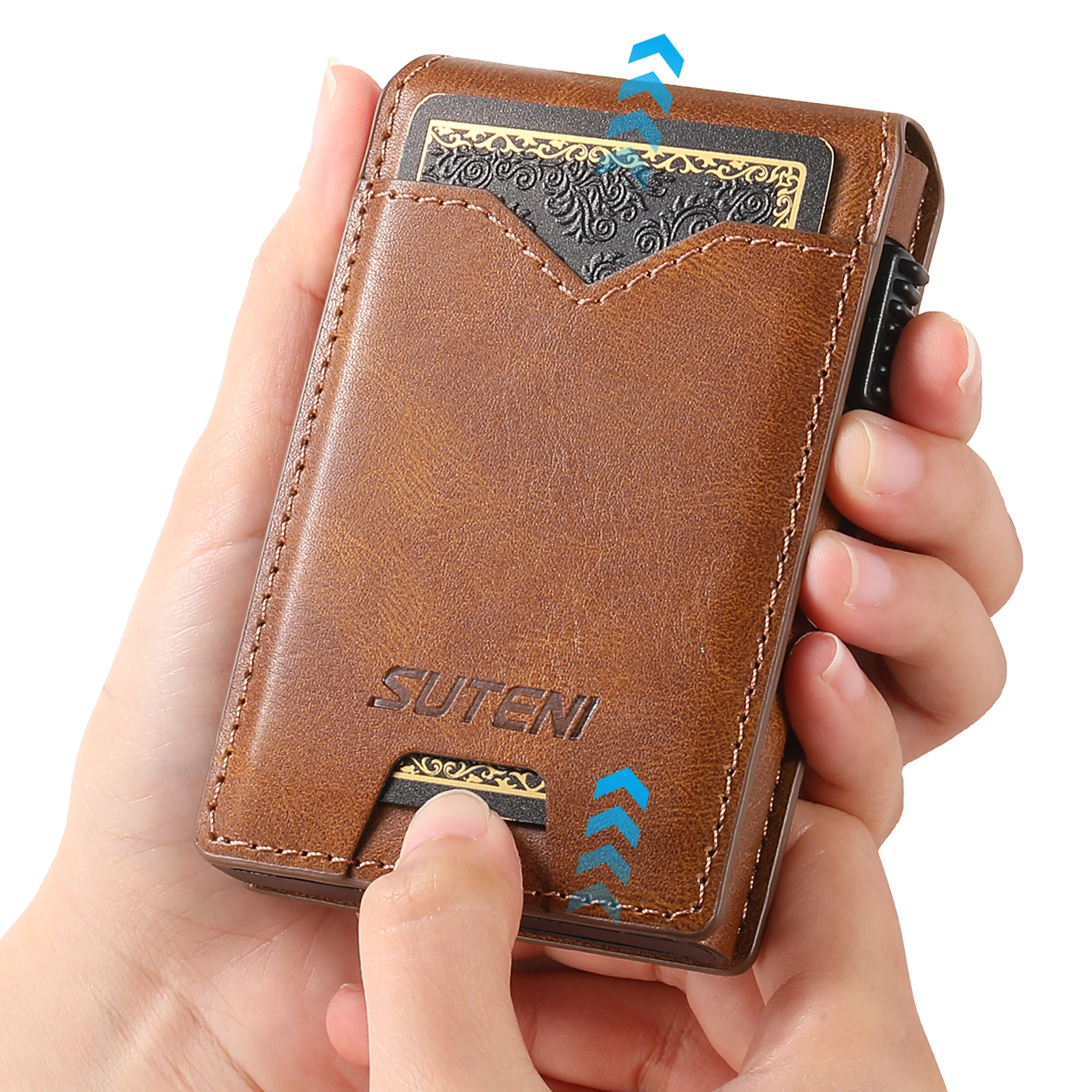 SUTENI Faux Leather For Men Wallet Card Slot Wallet Flip Cover Card Box Pressing The Button Automatically Ejects The Card