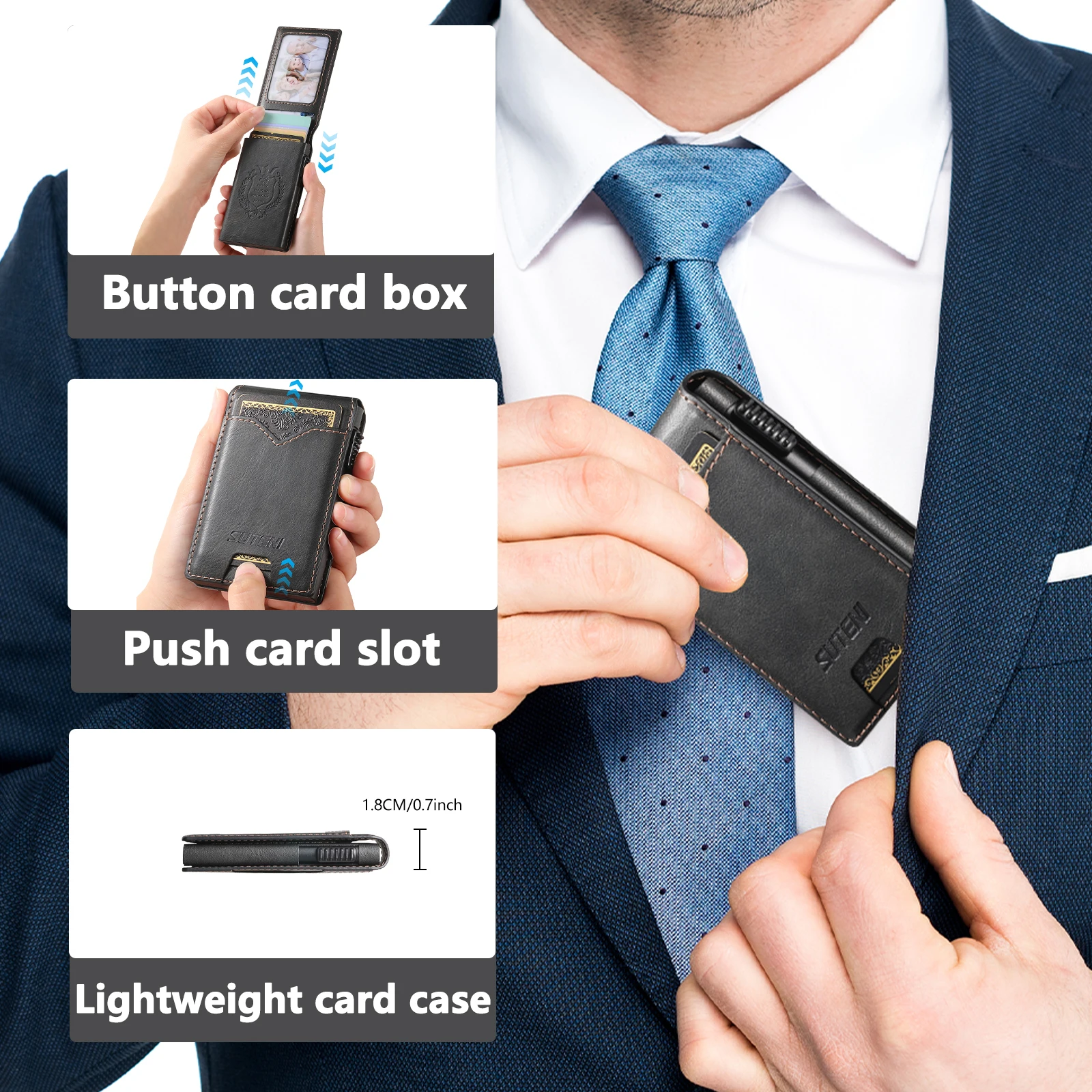 SUTENI Faux Leather For Men Wallet Card Slot Wallet Flip Cover Card Box Pressing The Button Automatically Ejects The Card