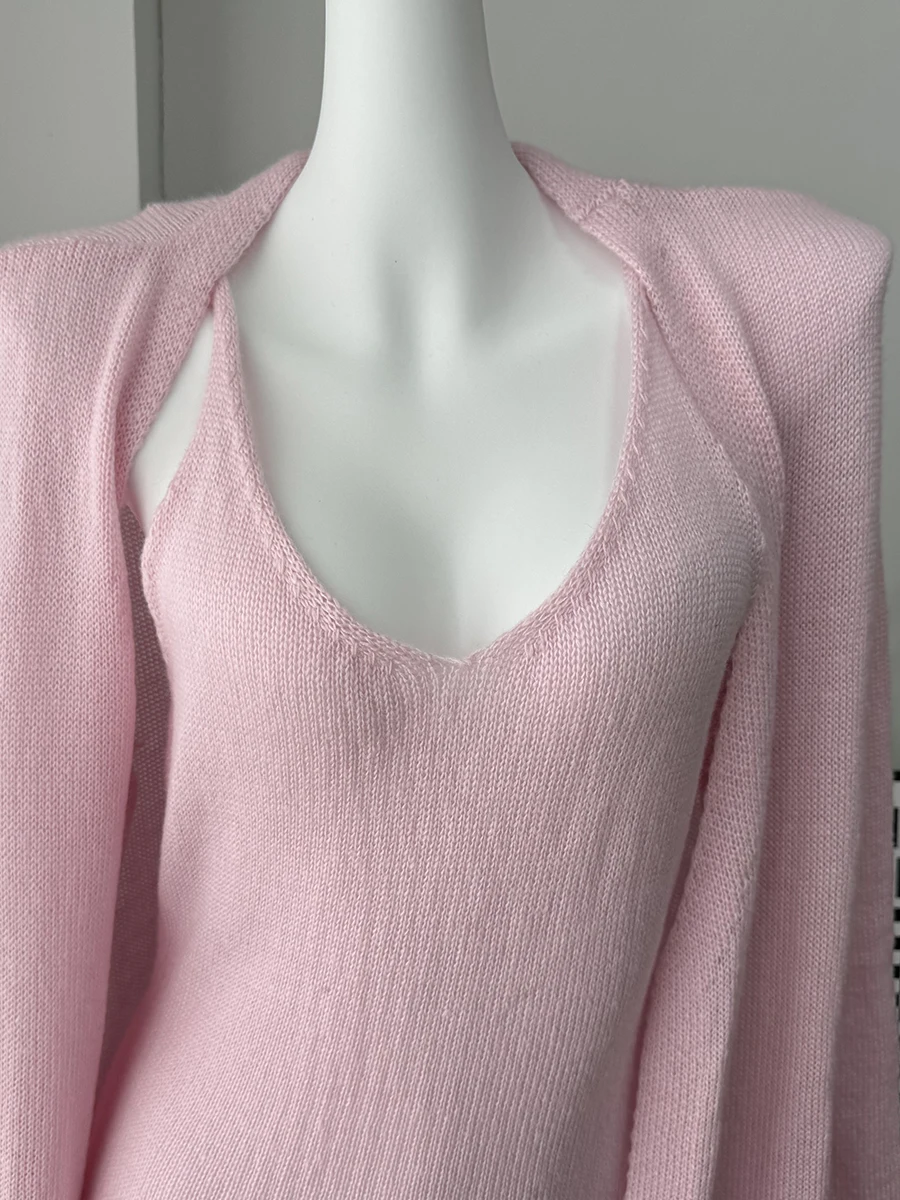 Hirsionsan Soft Loose Sets Women Three Pieces Long Sleeve Cardigan & Sexy Vest Dresses Elegant Female Hollow Outfits Tracksuit