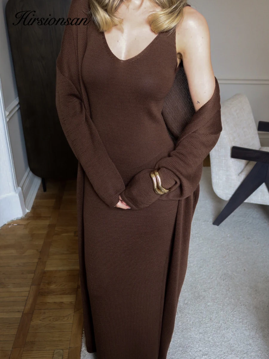 Hirsionsan Soft Loose Sets Women Three Pieces Long Sleeve Cardigan & Sexy Vest Dresses Elegant Female Hollow Outfits Tracksuit