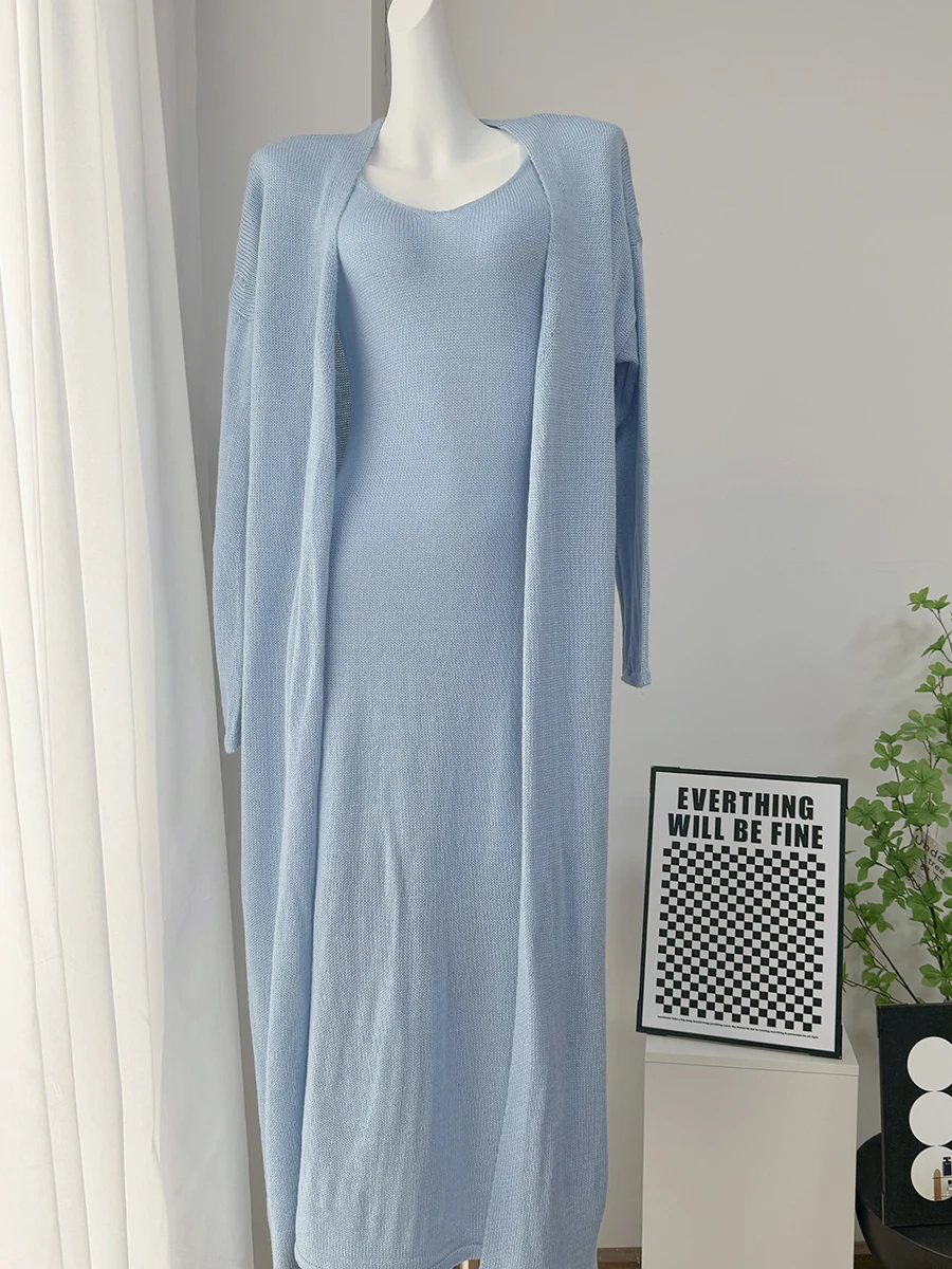 Hirsionsan Soft Loose Sets Women Three Pieces Long Sleeve Cardigan & Sexy Vest Dresses Elegant Female Hollow Outfits Tracksuit