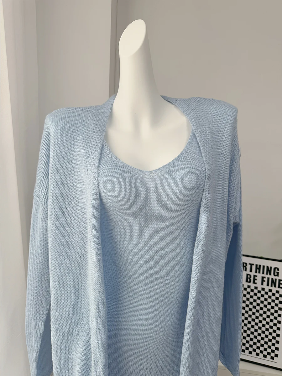 Hirsionsan Soft Loose Sets Women Three Pieces Long Sleeve Cardigan & Sexy Vest Dresses Elegant Female Hollow Outfits Tracksuit