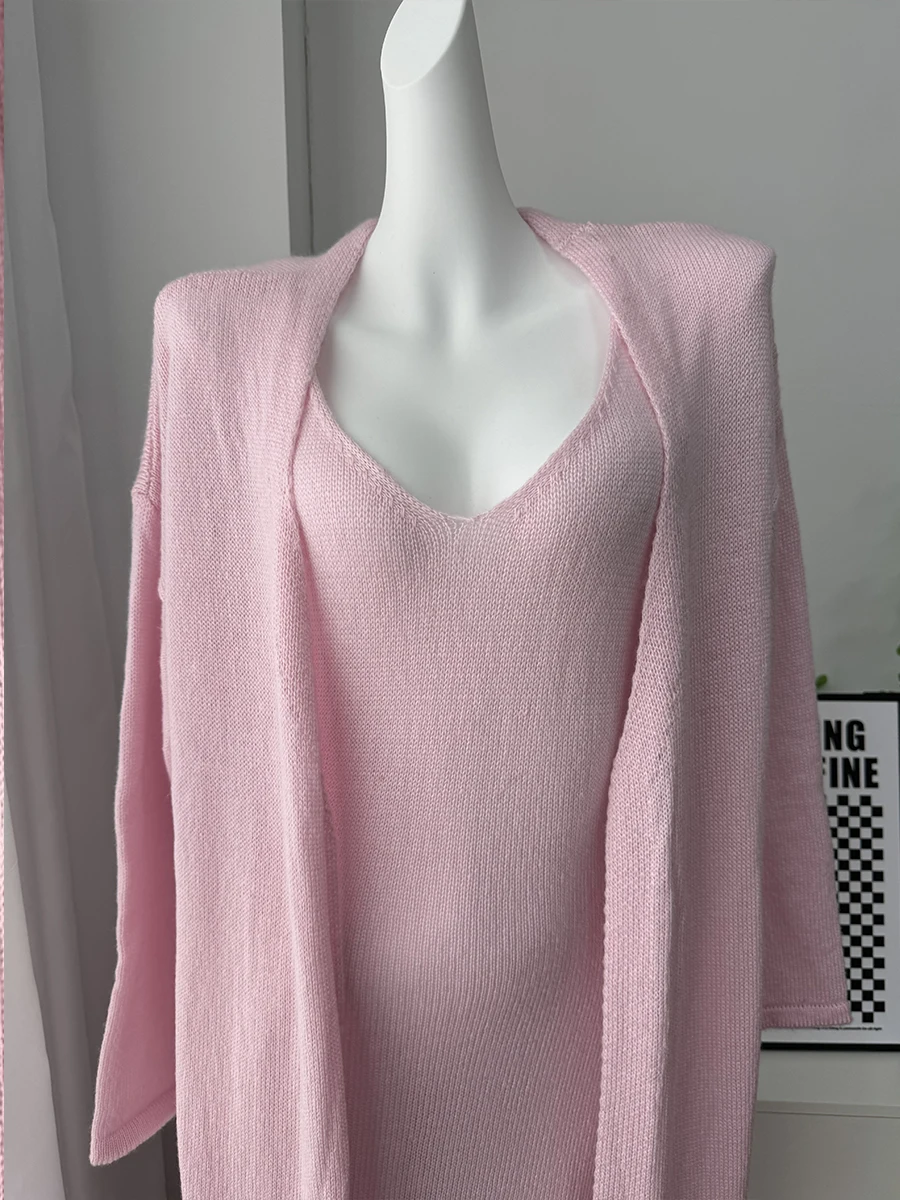 Hirsionsan Soft Loose Sets Women Three Pieces Long Sleeve Cardigan & Sexy Vest Dresses Elegant Female Hollow Outfits Tracksuit