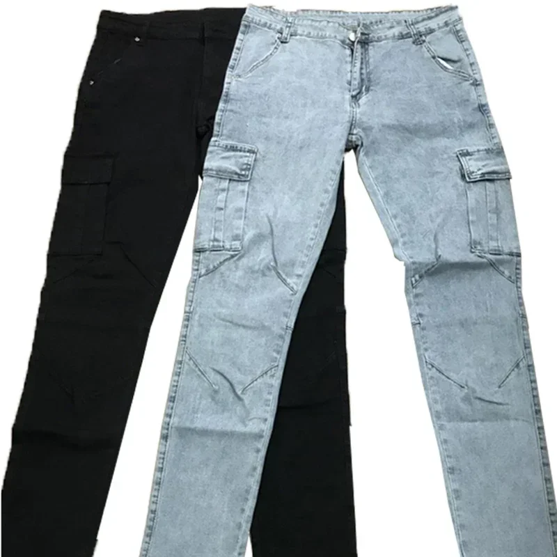 Men Casual Pencil Jeans Male Elastic Multi Pocket Small Slim High Street Denim Pants Wash Solid Color Mid Waist Cargo Jeans