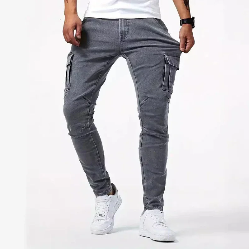Men Casual Pencil Jeans Male Elastic Multi Pocket Small Slim High Street Denim Pants Wash Solid Color Mid Waist Cargo Jeans
