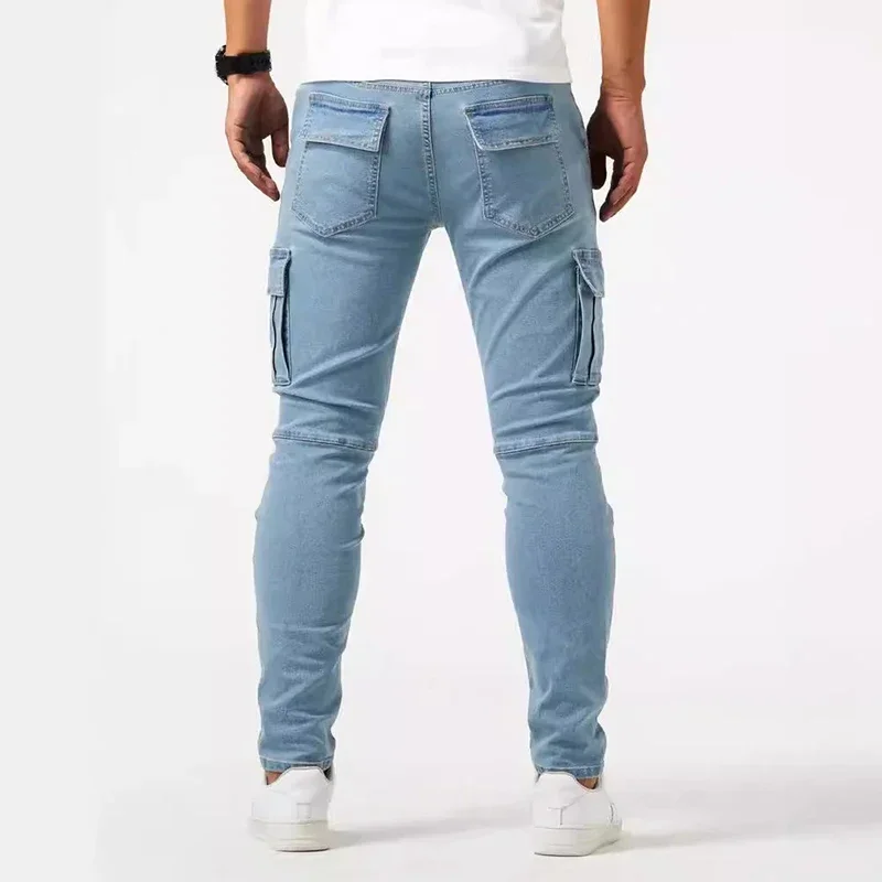 Men Casual Pencil Jeans Male Elastic Multi Pocket Small Slim High Street Denim Pants Wash Solid Color Mid Waist Cargo Jeans