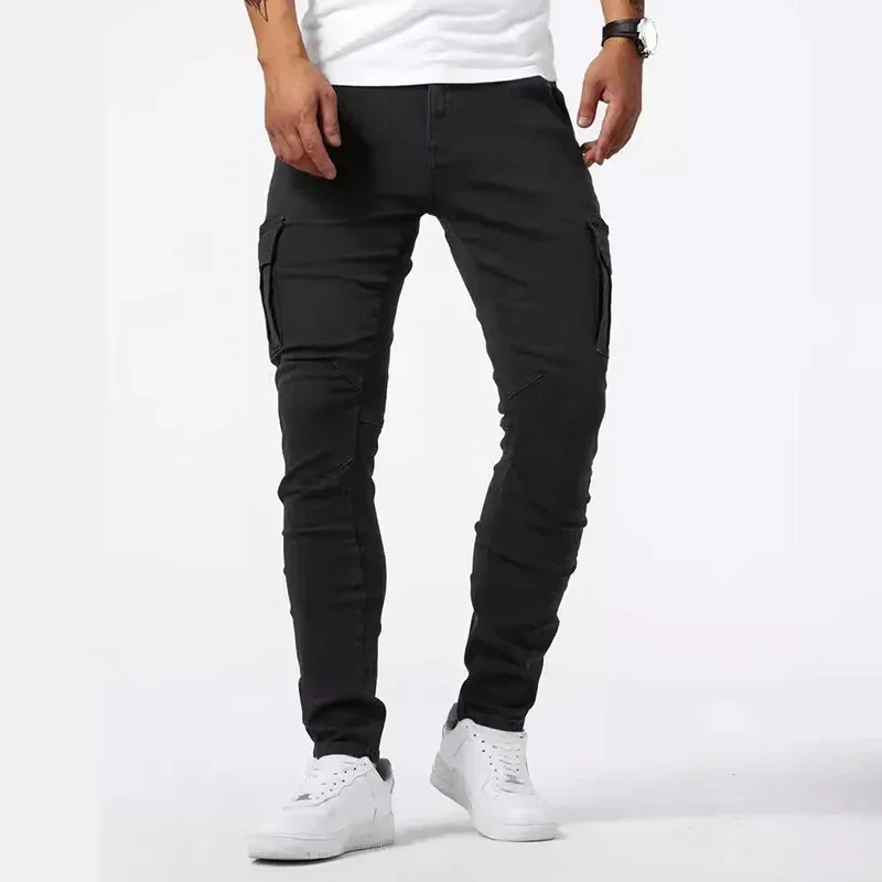 Men Casual Pencil Jeans Male Elastic Multi Pocket Small Slim High Street Denim Pants Wash Solid Color Mid Waist Cargo Jeans