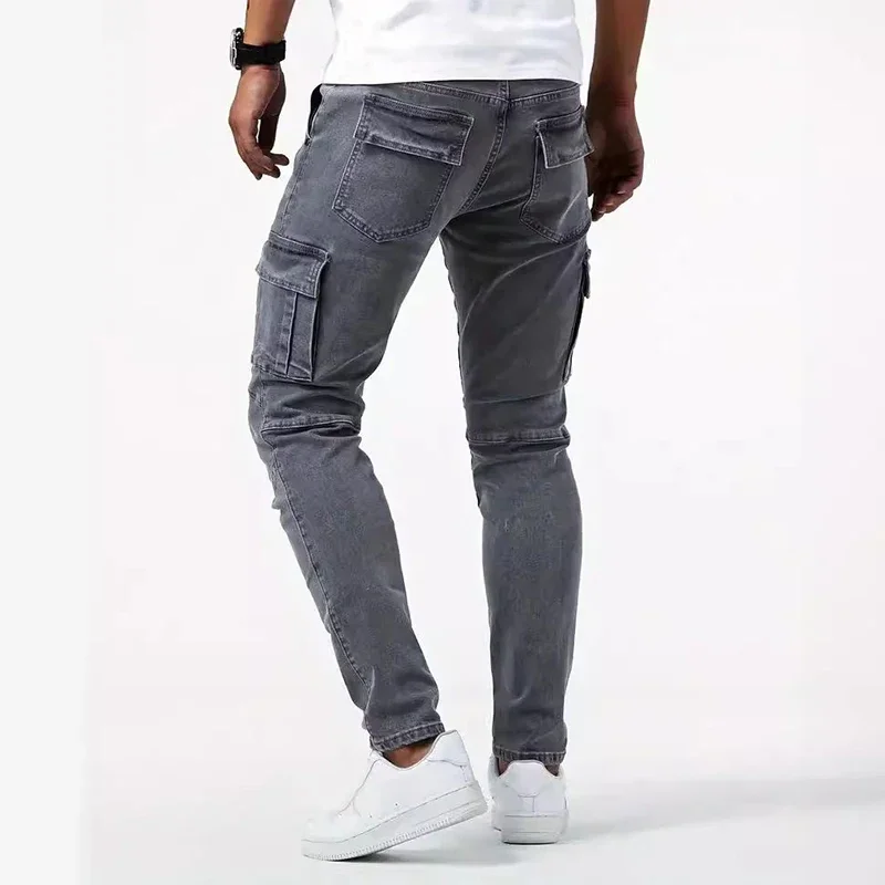 Men Casual Pencil Jeans Male Elastic Multi Pocket Small Slim High Street Denim Pants Wash Solid Color Mid Waist Cargo Jeans