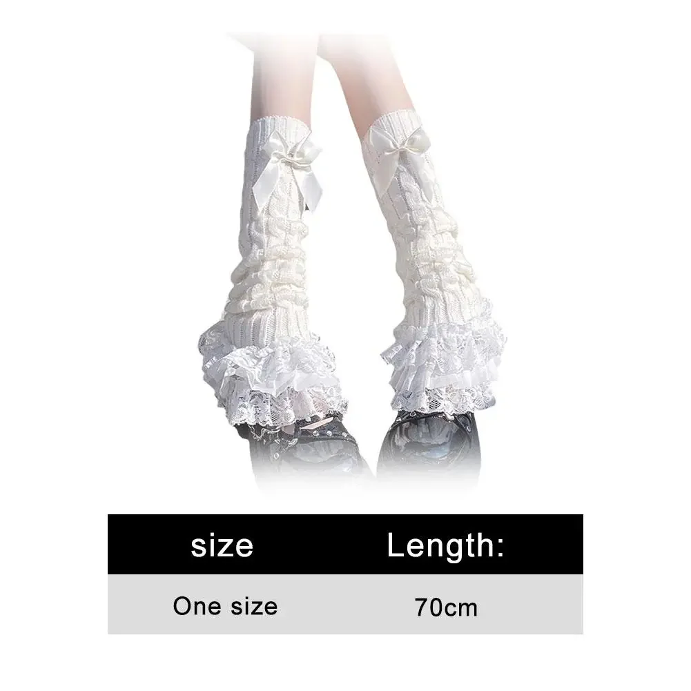 Japanese Women Knitted Leg Warmer Bow Tiered Ruffled Socks Girl Lace Lolita Socks Calf T-shaped Lace Leg Horn Warmers Women