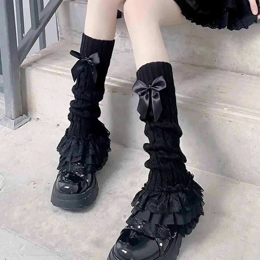 Japanese Women Knitted Leg Warmer Bow Tiered Ruffled Socks Girl Lace Lolita Socks Calf T-shaped Lace Leg Horn Warmers Women
