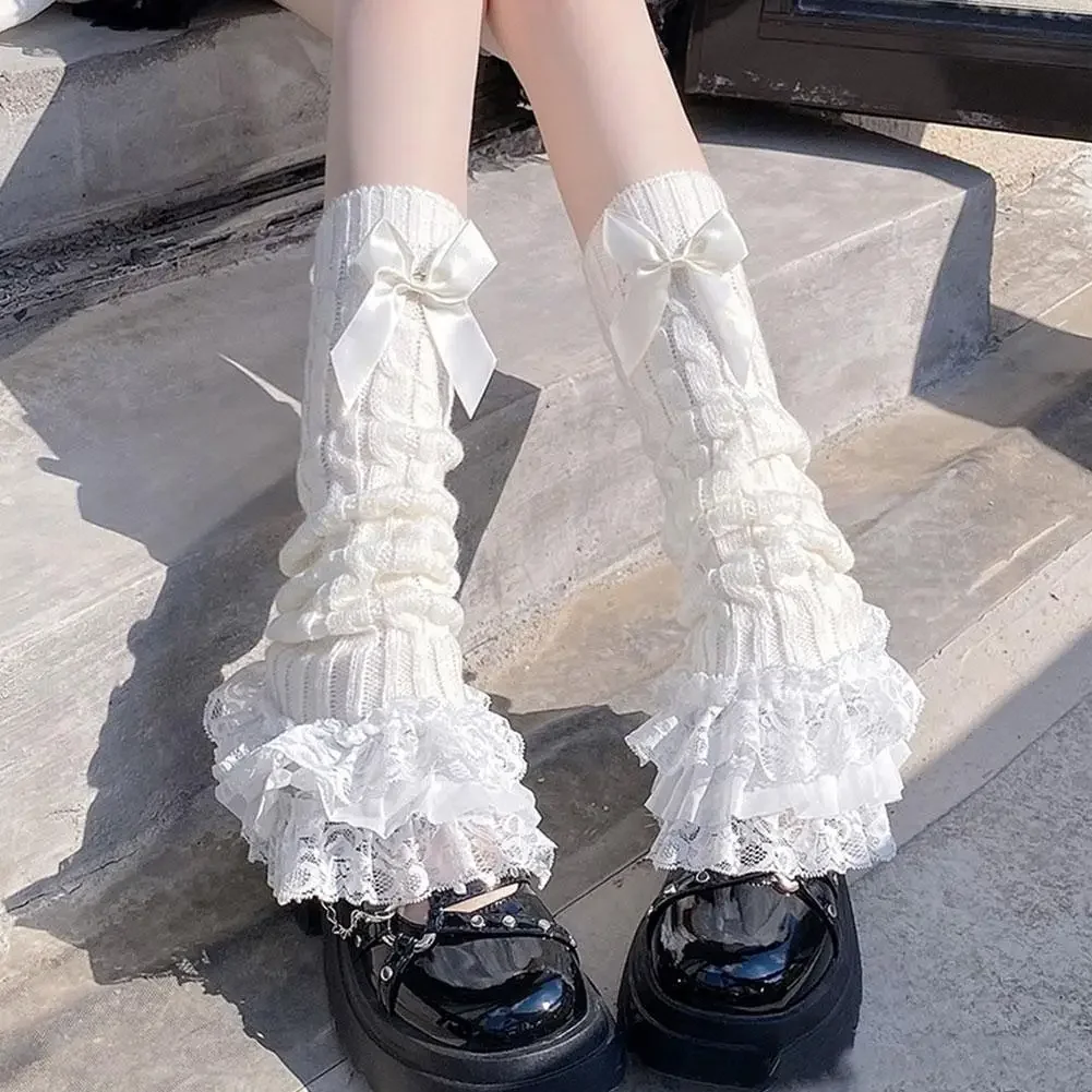 Japanese Women Knitted Leg Warmer Bow Tiered Ruffled Socks Girl Lace Lolita Socks Calf T-shaped Lace Leg Horn Warmers Women