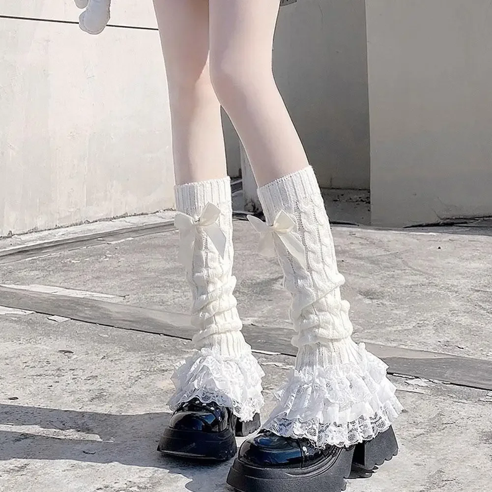 Japanese Women Knitted Leg Warmer Bow Tiered Ruffled Socks Girl Lace Lolita Socks Calf T-shaped Lace Leg Horn Warmers Women