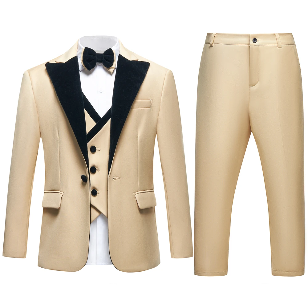 Velvet Collar Suit Set for Kids 3-14 Years, Three-Piece Wedding Suits for Boys, Toddler Suits Tuxedo Homecoming Teens Suits