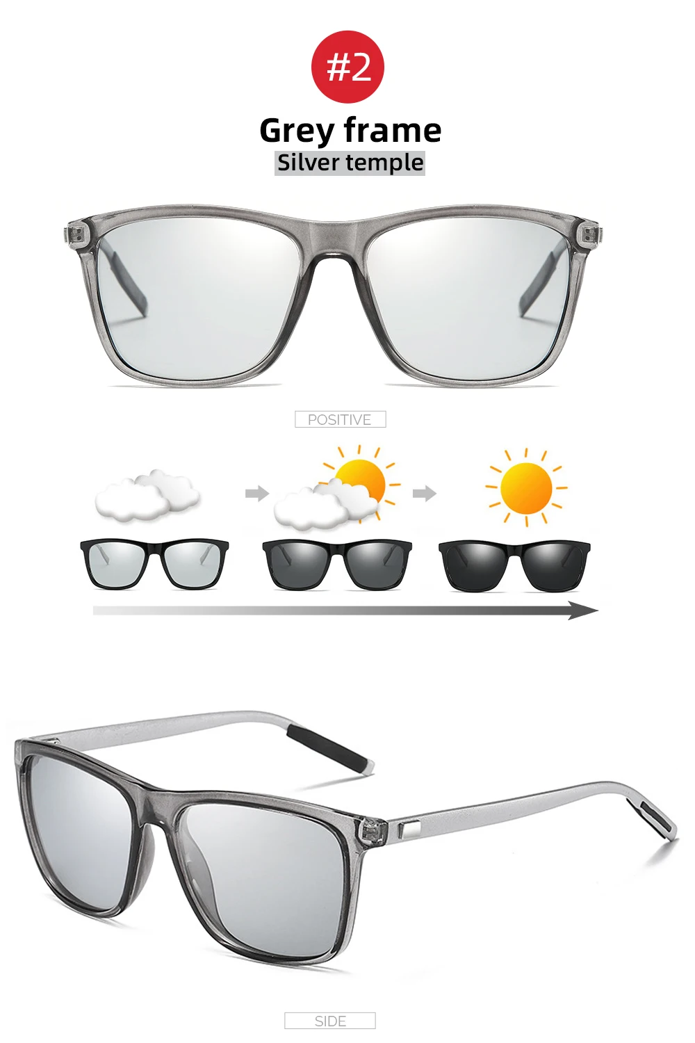 VIVIBEE Color Change Grey Frame Photochromic Polarized Sunglasses Men Square Classic Chameleon Glaases Transition Lens Eyewear