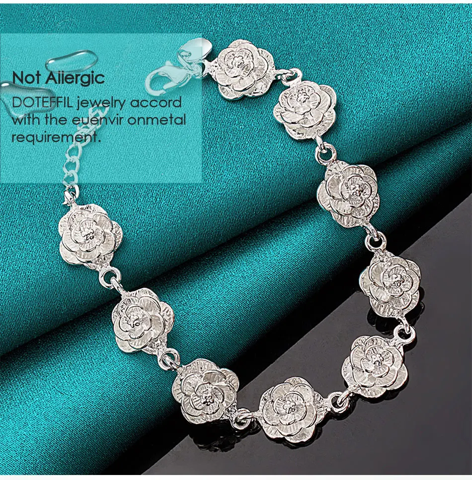 DOTEFFIL 925 Sterling Silver Full Rose Flower Chain Bracelet For Women Wedding Engagement Party Fashion Charm Jewelry