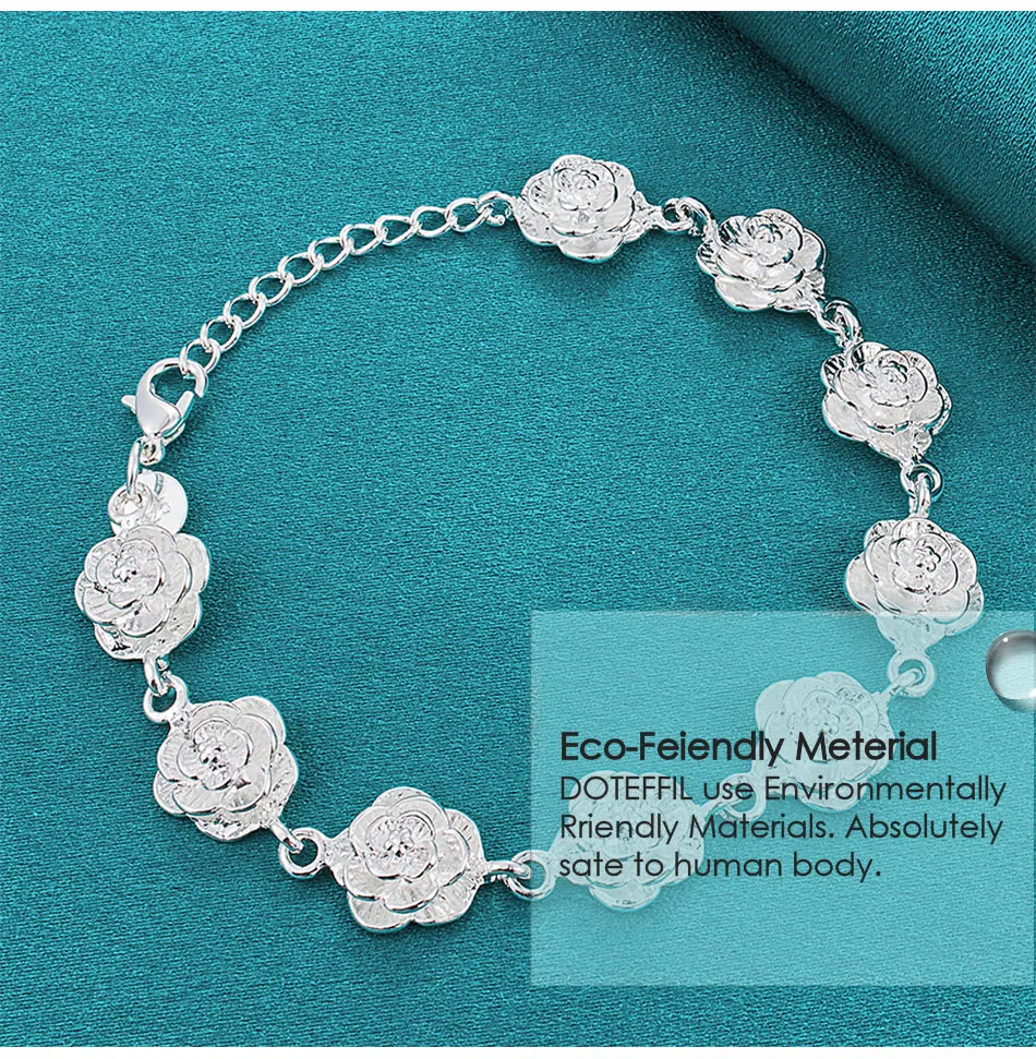 DOTEFFIL 925 Sterling Silver Full Rose Flower Chain Bracelet For Women Wedding Engagement Party Fashion Charm Jewelry
