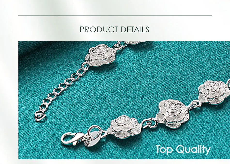 DOTEFFIL 925 Sterling Silver Full Rose Flower Chain Bracelet For Women Wedding Engagement Party Fashion Charm Jewelry
