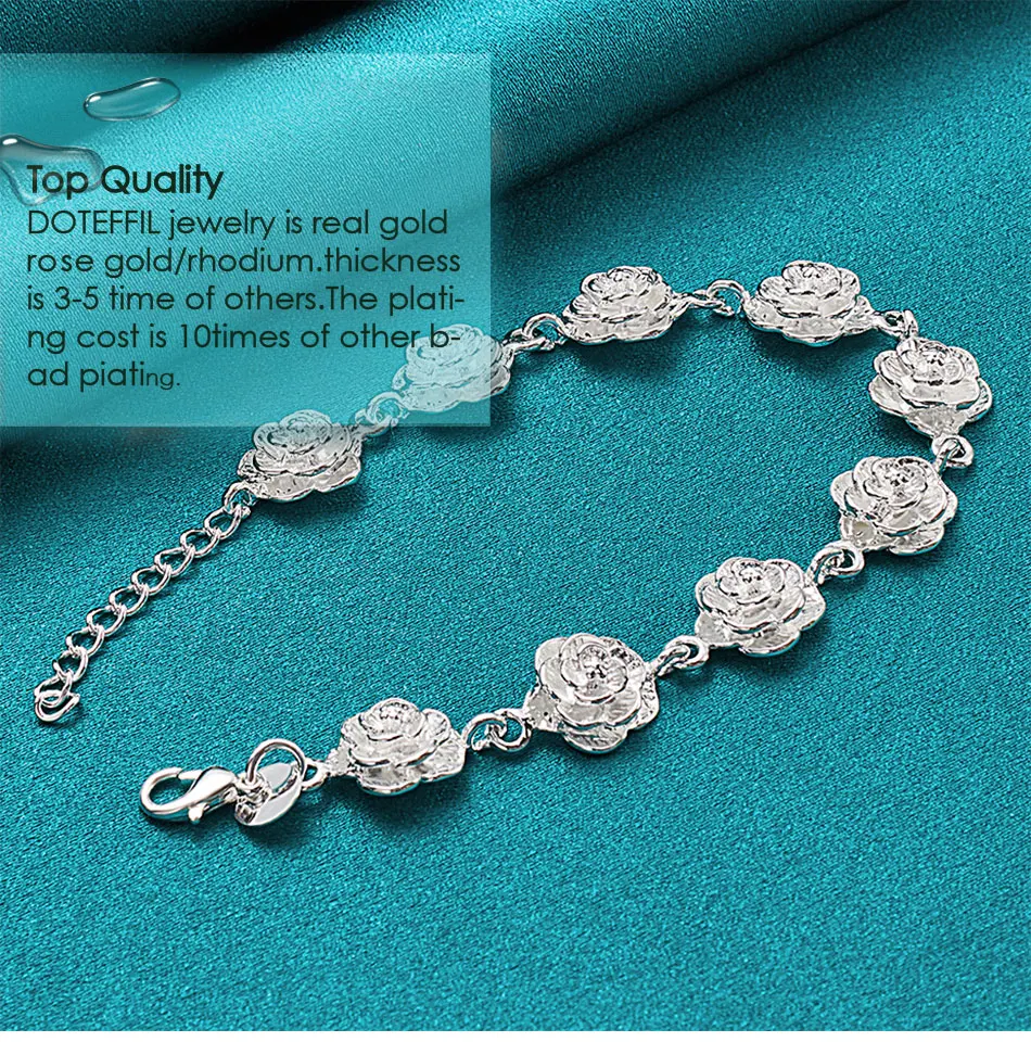 DOTEFFIL 925 Sterling Silver Full Rose Flower Chain Bracelet For Women Wedding Engagement Party Fashion Charm Jewelry