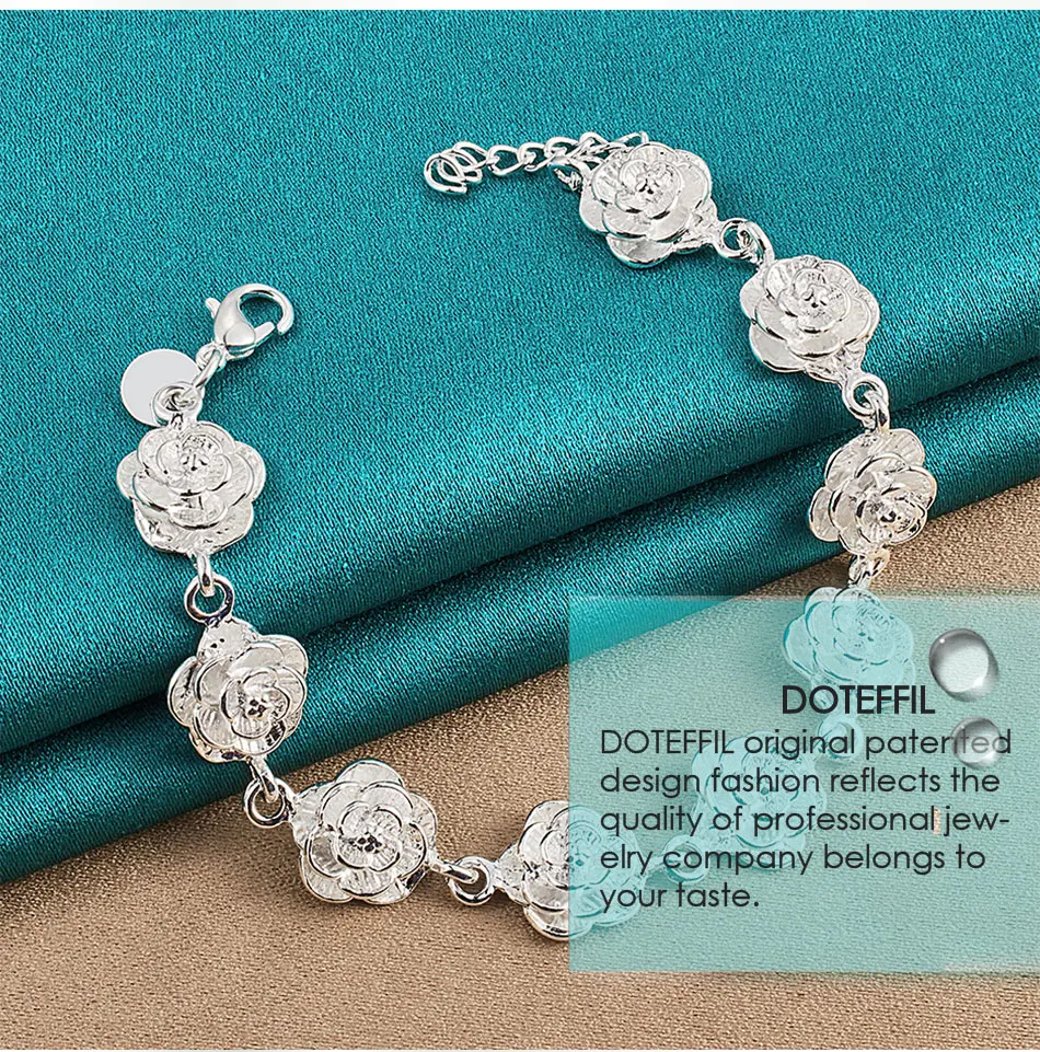 DOTEFFIL 925 Sterling Silver Full Rose Flower Chain Bracelet For Women Wedding Engagement Party Fashion Charm Jewelry