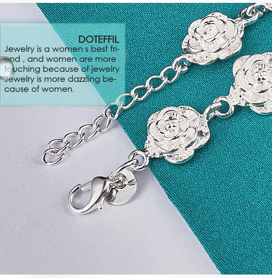 DOTEFFIL 925 Sterling Silver Full Rose Flower Chain Bracelet For Women Wedding Engagement Party Fashion Charm Jewelry