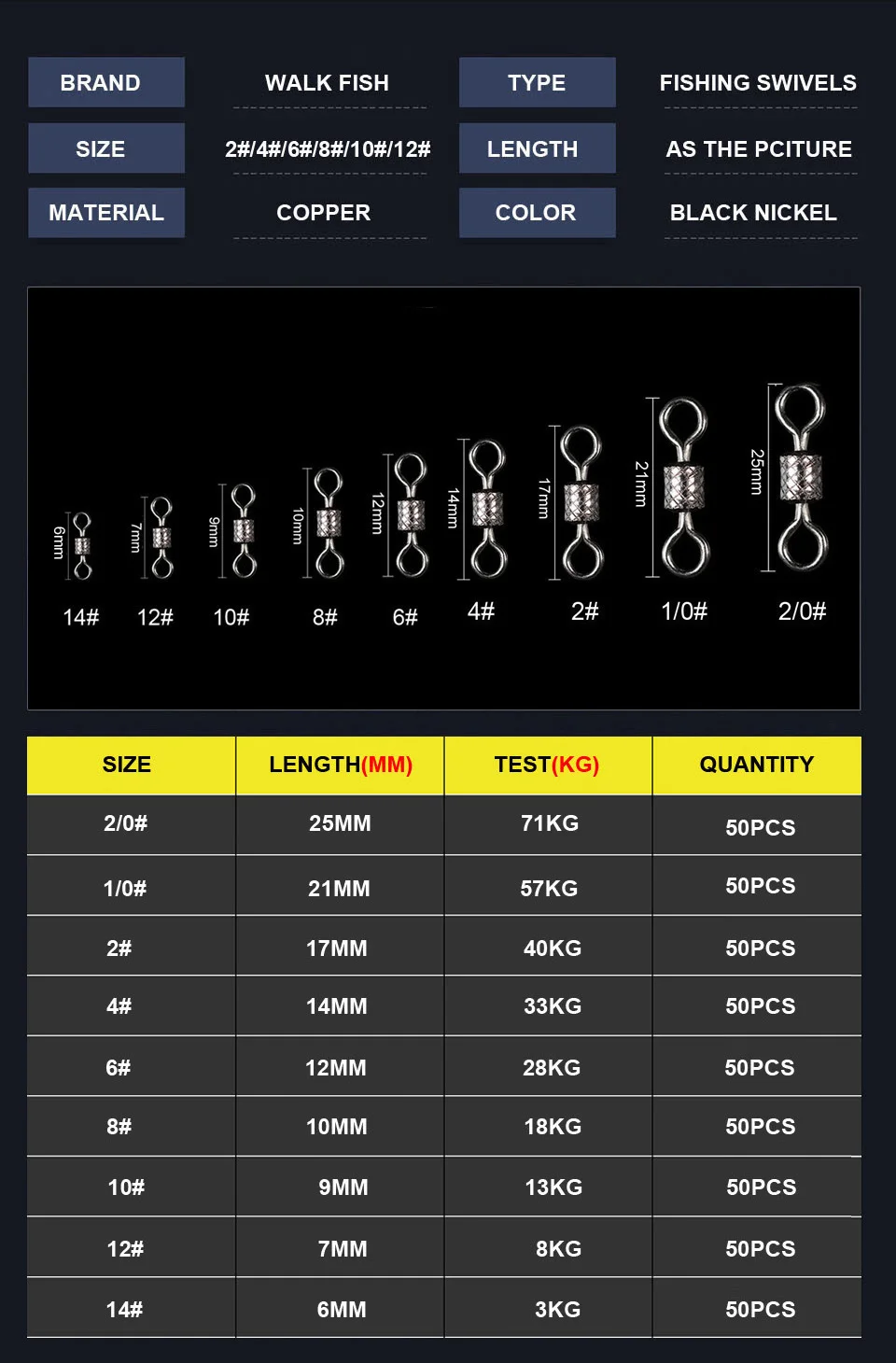 WALK FISH 50PCS/Lot Fishing Swivels Ball Bearing Swivel with Safety Snap Solid Rings Rolling Swivel for Carp Fishing Accessories