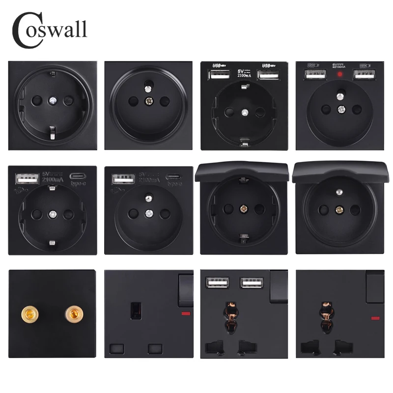 COSWALL EU Spain Russia Wall Socket Grounded USB Type A & Type-C Charge Port 2A Output Max. PC Panel Matte Black E20 Series