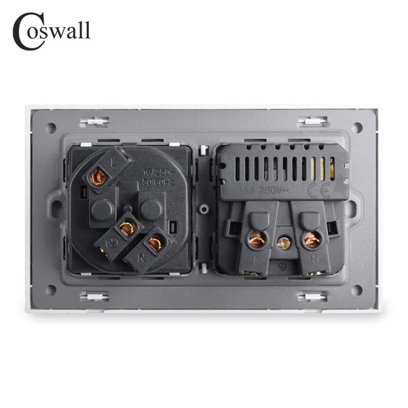 COSWALL EU Spain Russia Wall Socket Grounded USB Type A & Type-C Charge Port 2A Output Max. PC Panel Matte Black E20 Series