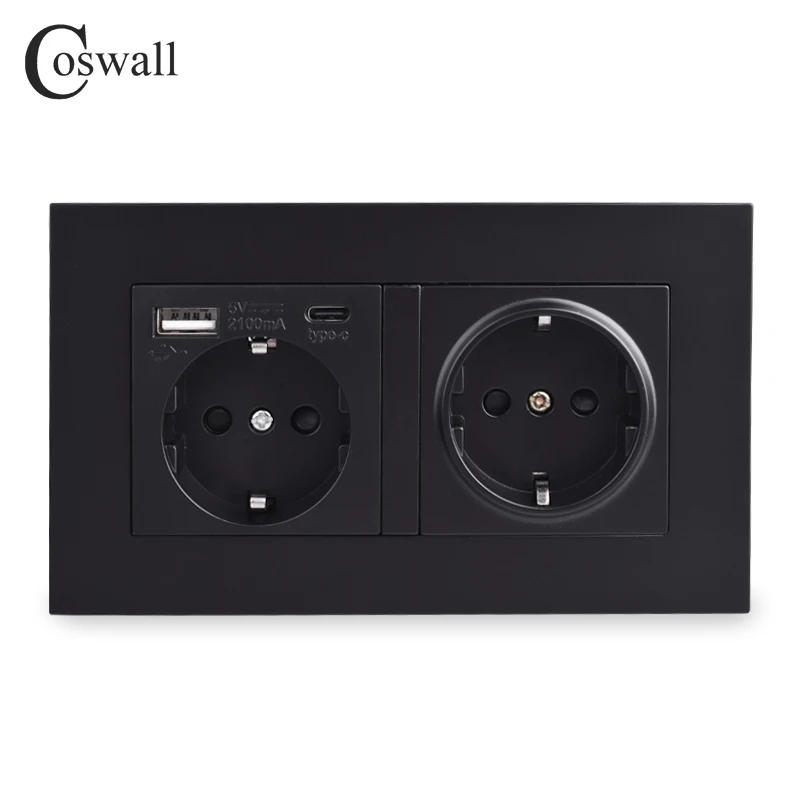 COSWALL EU Spain Russia Wall Socket Grounded USB Type A & Type-C Charge Port 2A Output Max. PC Panel Matte Black E20 Series