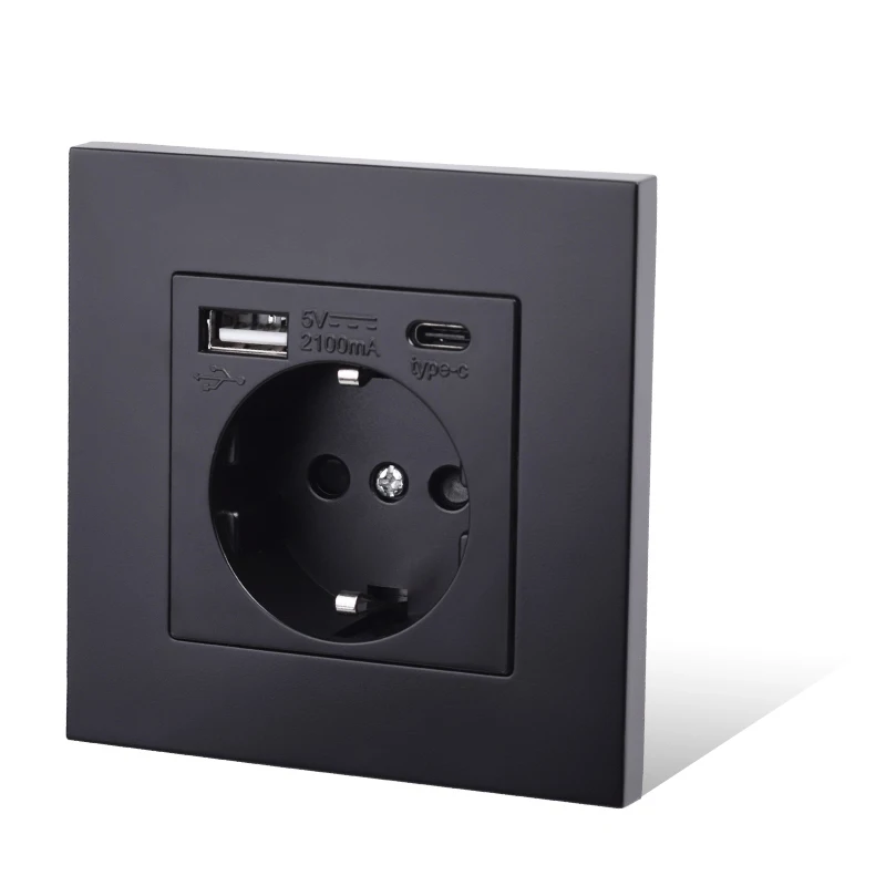 COSWALL EU Spain Russia Wall Socket Grounded USB Type A & Type-C Charge Port 2A Output Max. PC Panel Matte Black E20 Series