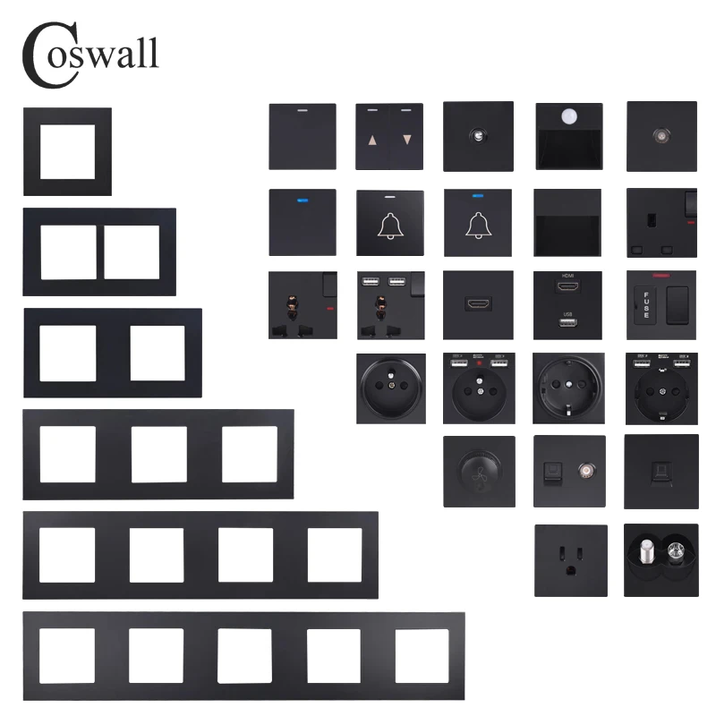 COSWALL EU Spain Russia Wall Socket Grounded USB Type A & Type-C Charge Port 2A Output Max. PC Panel Matte Black E20 Series