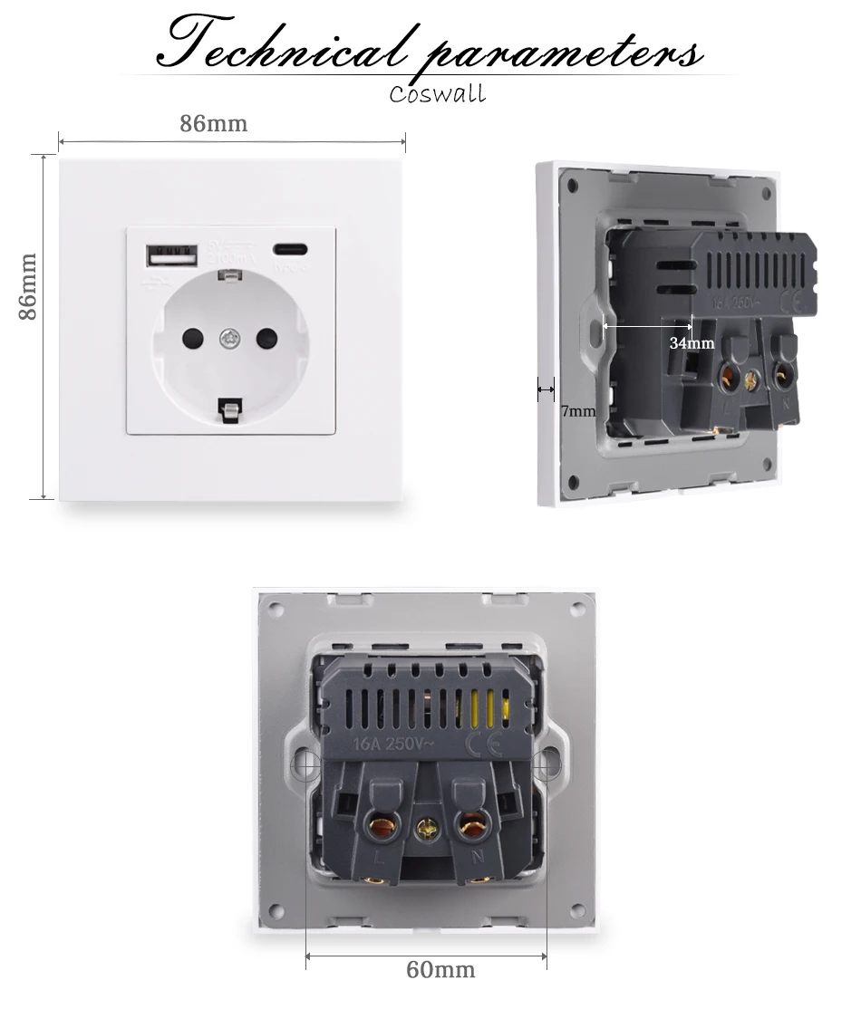 COSWALL EU Spain Russia Wall Socket Grounded USB Type A & Type-C Charge Port 2A Output Max. PC Panel Matte Black E20 Series