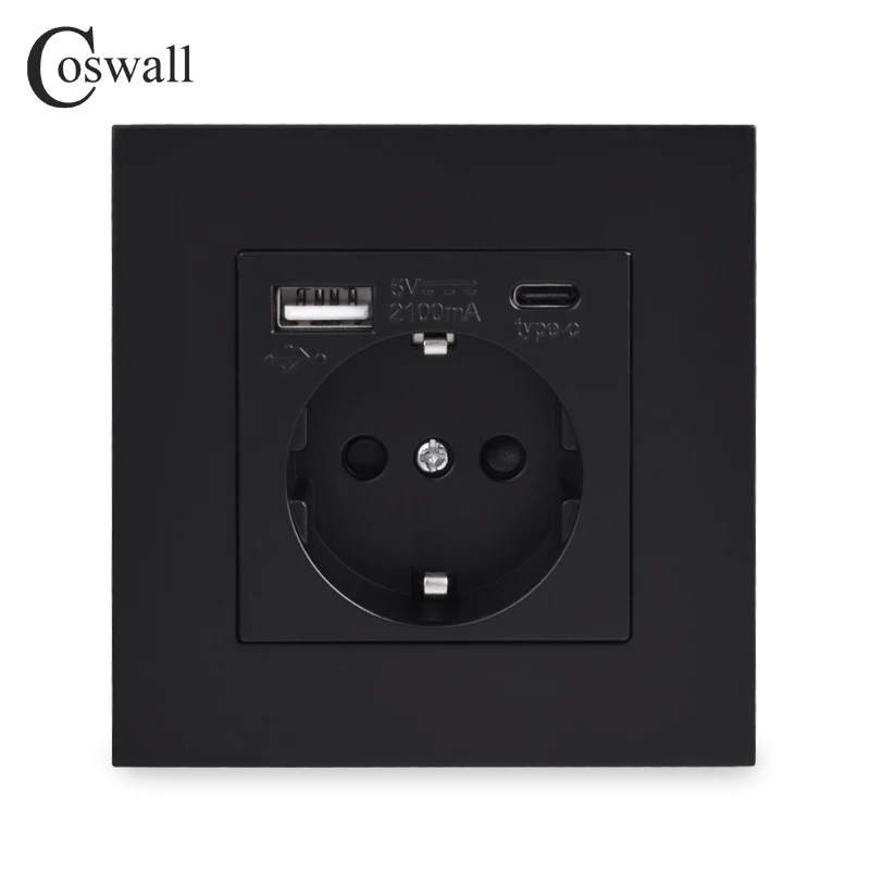 COSWALL EU Spain Russia Wall Socket Grounded USB Type A & Type-C Charge Port 2A Output Max. PC Panel Matte Black E20 Series