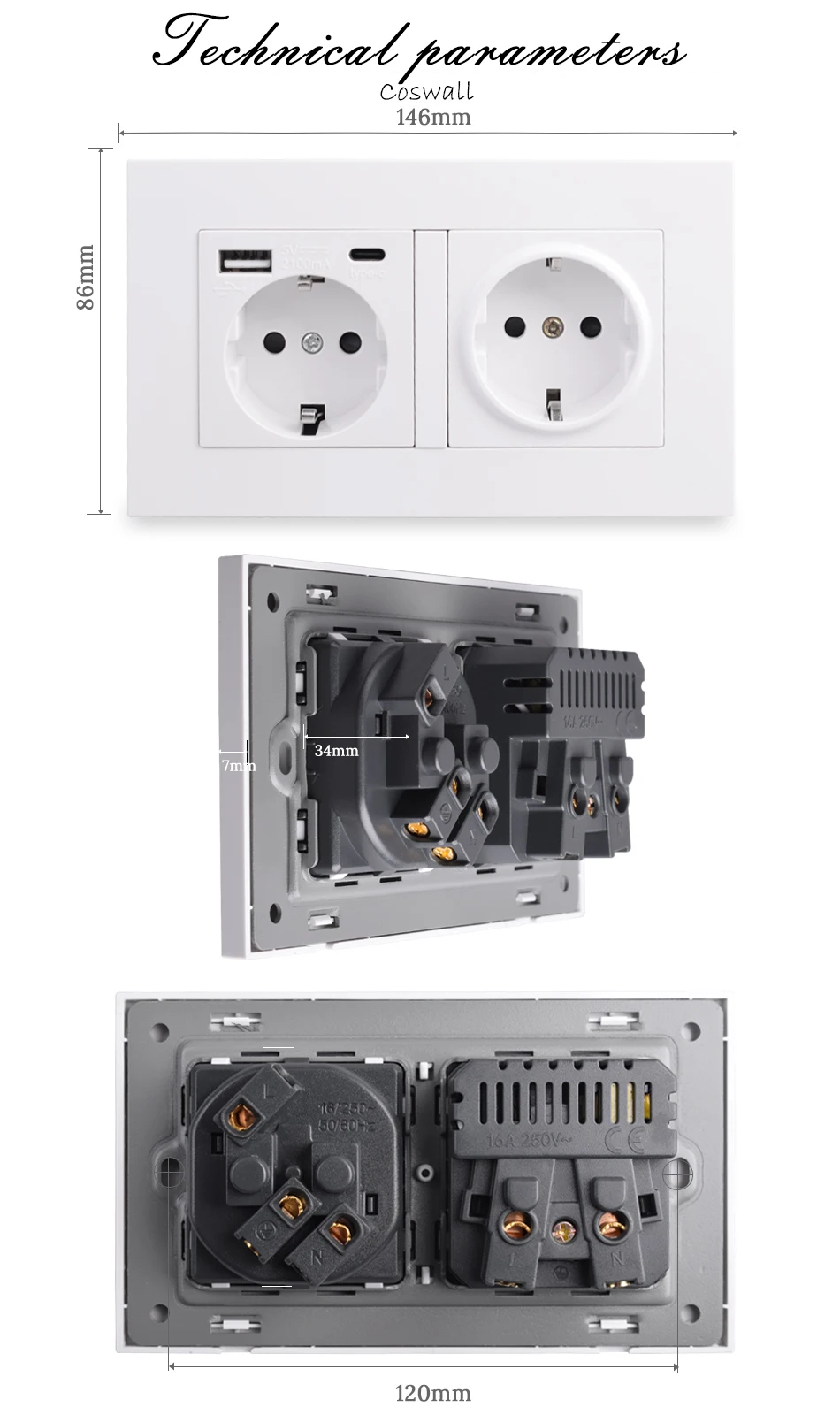 COSWALL EU Spain Russia Wall Socket Grounded USB Type A & Type-C Charge Port 2A Output Max. PC Panel Matte Black E20 Series