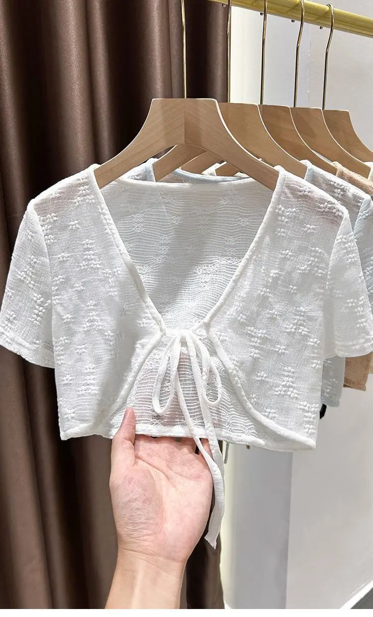 1pcs Summer Tie Up Cardigan Women Sexy Thin Short Sleeve Lace Coat Female Cardigan Paired With Camisole Long Skirt Lady Shawl