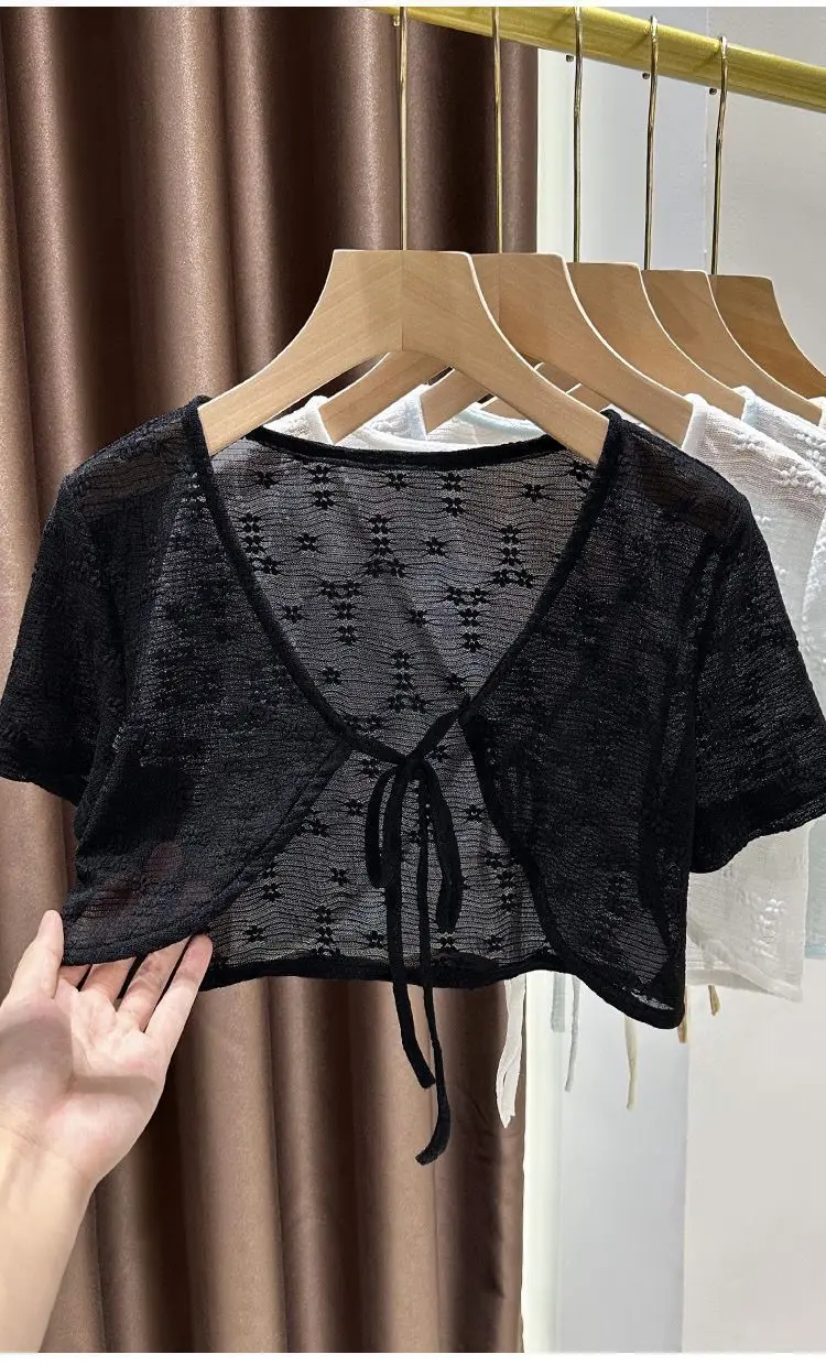 1pcs Summer Tie Up Cardigan Women Sexy Thin Short Sleeve Lace Coat Female Cardigan Paired With Camisole Long Skirt Lady Shawl