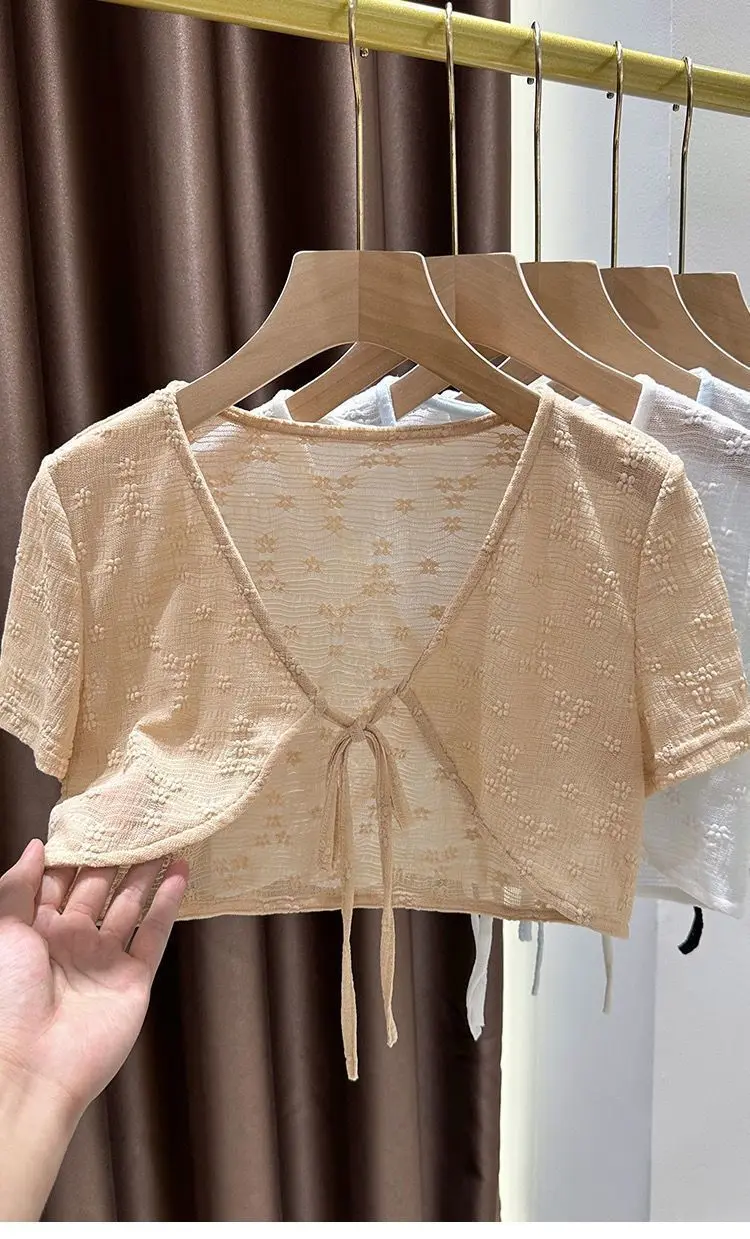 1pcs Summer Tie Up Cardigan Women Sexy Thin Short Sleeve Lace Coat Female Cardigan Paired With Camisole Long Skirt Lady Shawl