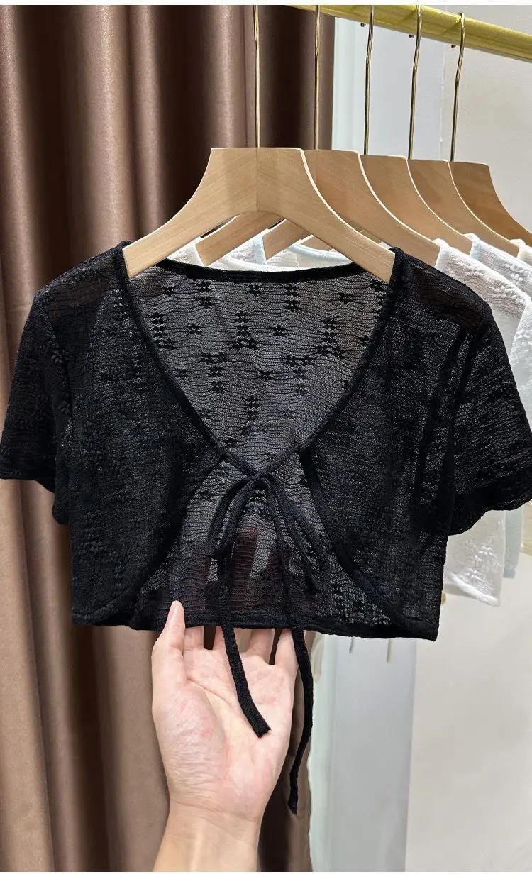 1pcs Summer Tie Up Cardigan Women Sexy Thin Short Sleeve Lace Coat Female Cardigan Paired With Camisole Long Skirt Lady Shawl