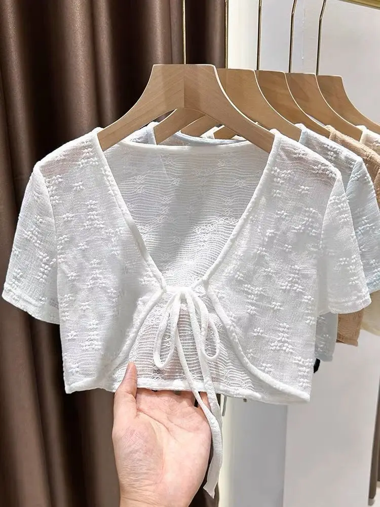1pcs Summer Tie Up Cardigan Women Sexy Thin Short Sleeve Lace Coat Female Cardigan Paired With Camisole Long Skirt Lady Shawl