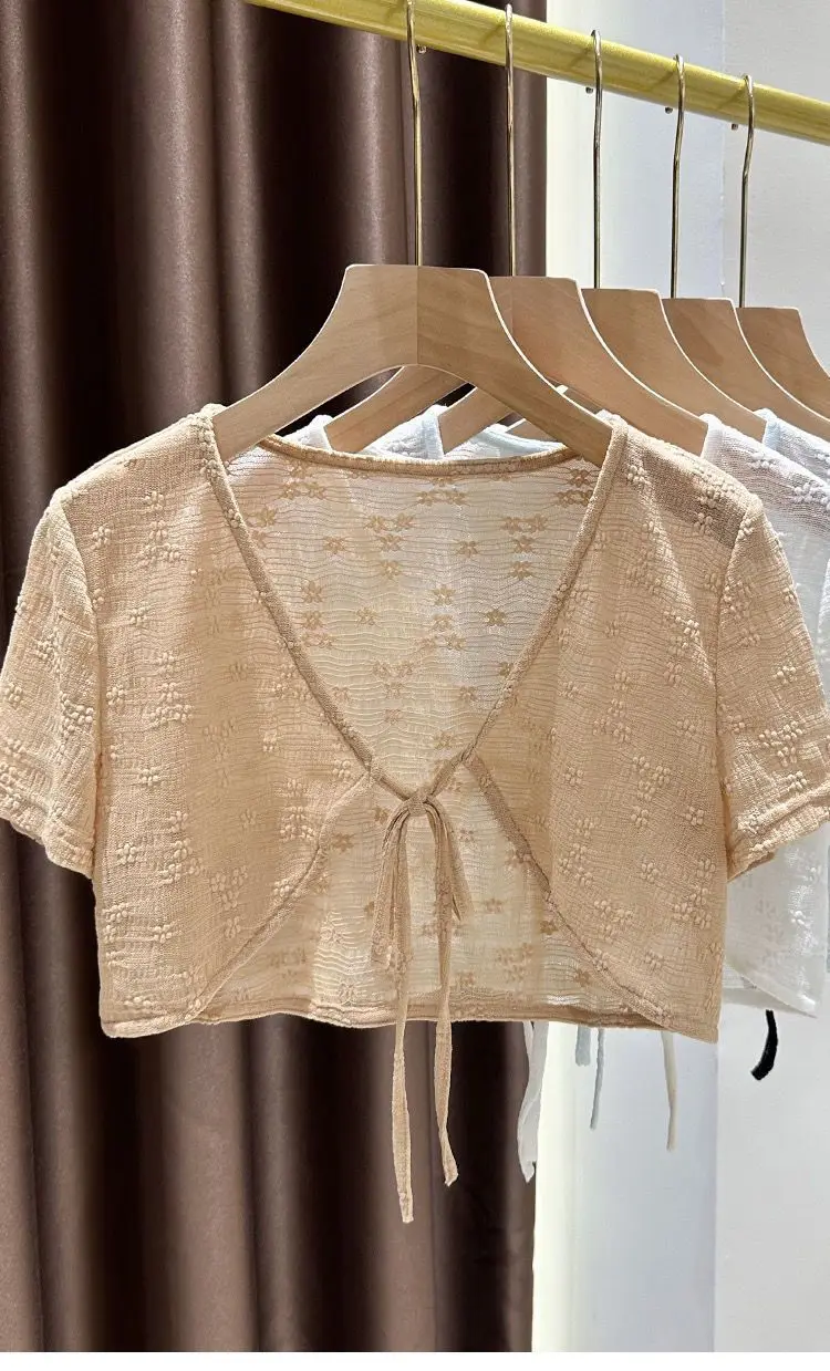 1pcs Summer Tie Up Cardigan Women Sexy Thin Short Sleeve Lace Coat Female Cardigan Paired With Camisole Long Skirt Lady Shawl