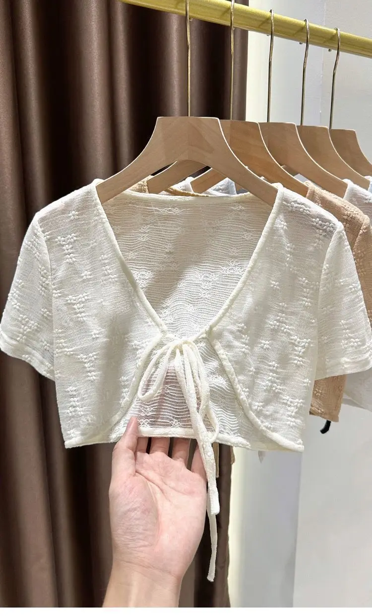 1pcs Summer Tie Up Cardigan Women Sexy Thin Short Sleeve Lace Coat Female Cardigan Paired With Camisole Long Skirt Lady Shawl