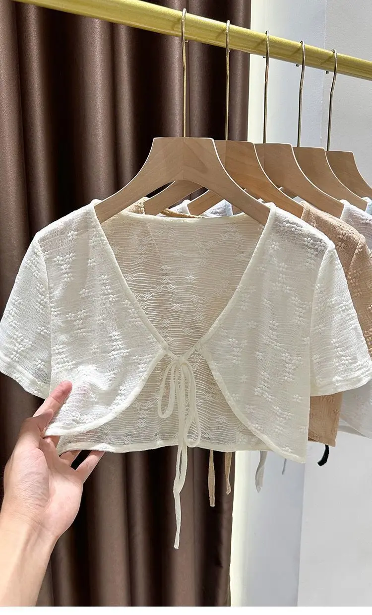 1pcs Summer Tie Up Cardigan Women Sexy Thin Short Sleeve Lace Coat Female Cardigan Paired With Camisole Long Skirt Lady Shawl